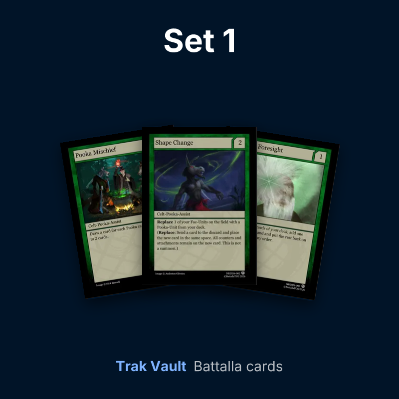 Set 1 Battalla cards: Pooka Mischief, Shape Change and Druid’s Foresight