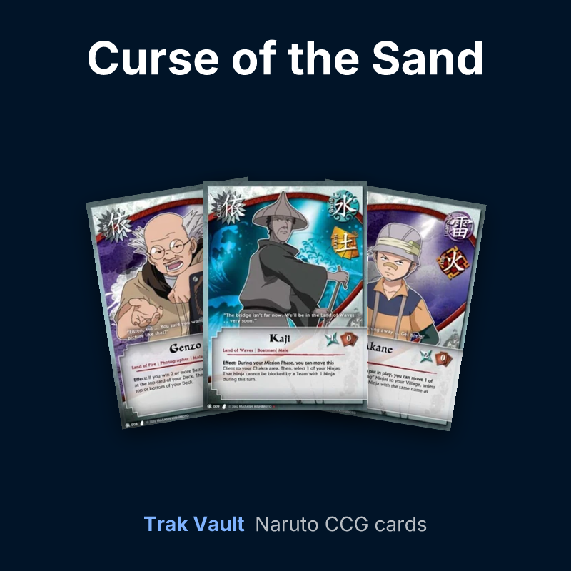 Curse of the Sand Naruto cards: Genzo, Kaji and Akane