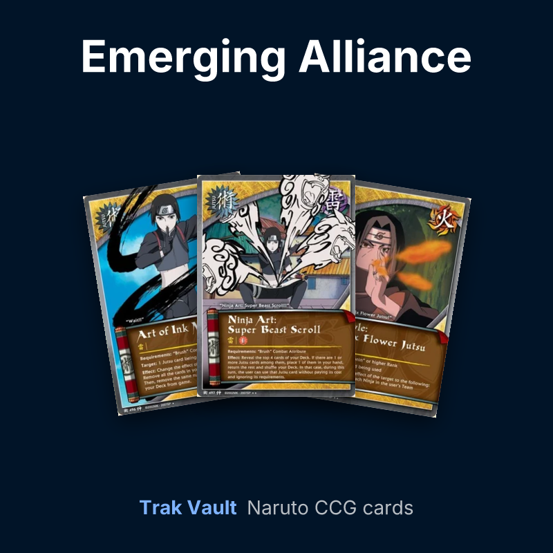 Emerging Alliance Naruto cards: Art of Ink Mist, Ninja Art: Super Beast Scroll and Fire Style: Phoenix Flower Jutsu