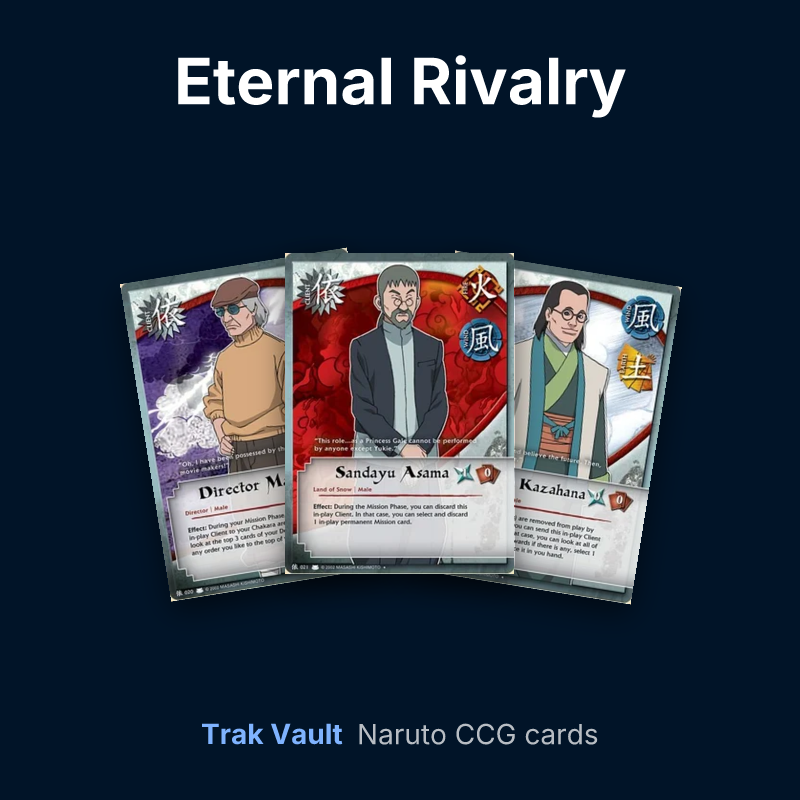 Eternal Rivalry Naruto cards: Director Makino, Sandayu Asama and Sosetsu Kazahana