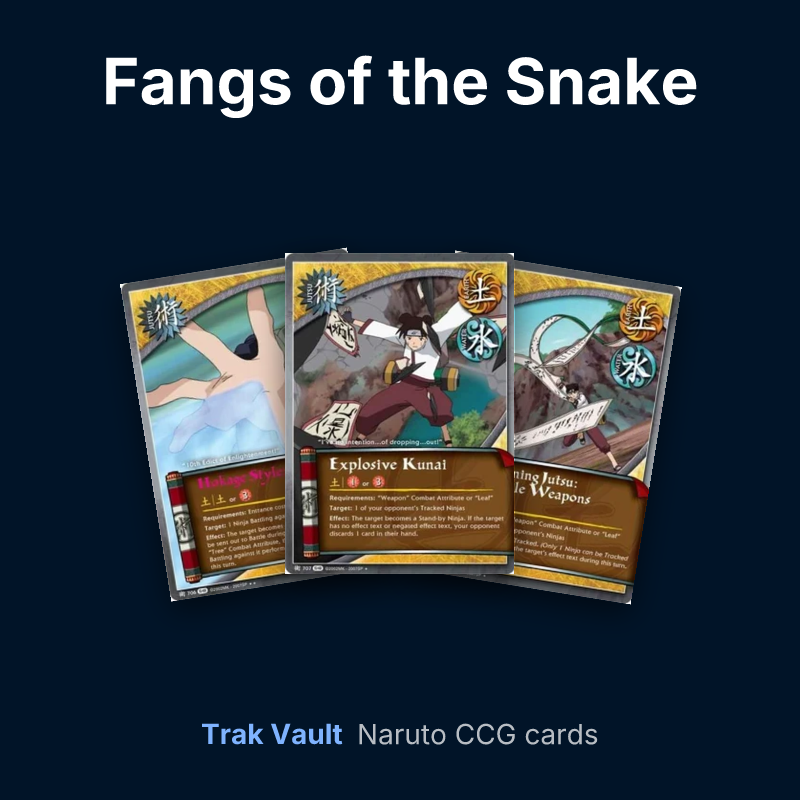 Fangs of the Snake Naruto cards: Hokage Style: Elder Jutsu, Explosive Kunai and Summoning Jutsu: Projectile Weapons