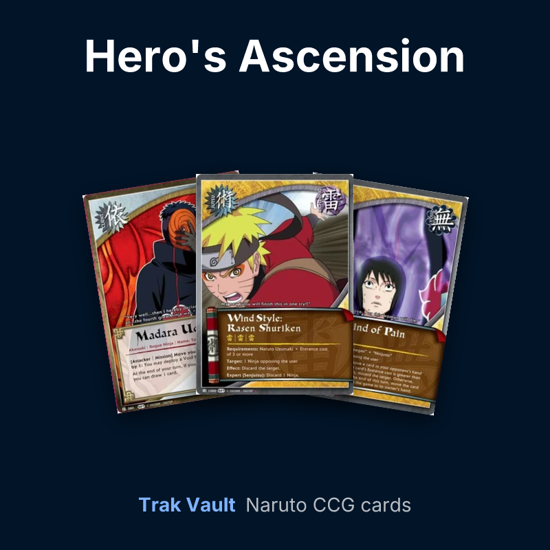 Hero's Ascension Naruto cards: Madara Uchiha, Wind Style: Rasen Shuriken and The Mind of Pain