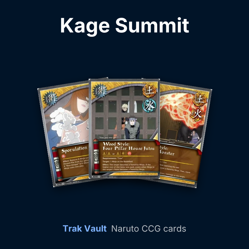 Kage Summit Naruto cards: Sporulation Jutsu, Wood Style: Four Pillar Prison and Lava Style: Lava Monster