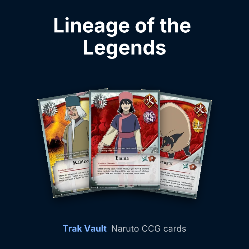 Lineage of the Legends Naruto cards: Kahiko, Emina and Nerugui