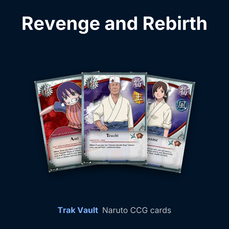 Revenge and Rebirth Naruto cards: Ami, Teuchi and Ayame
