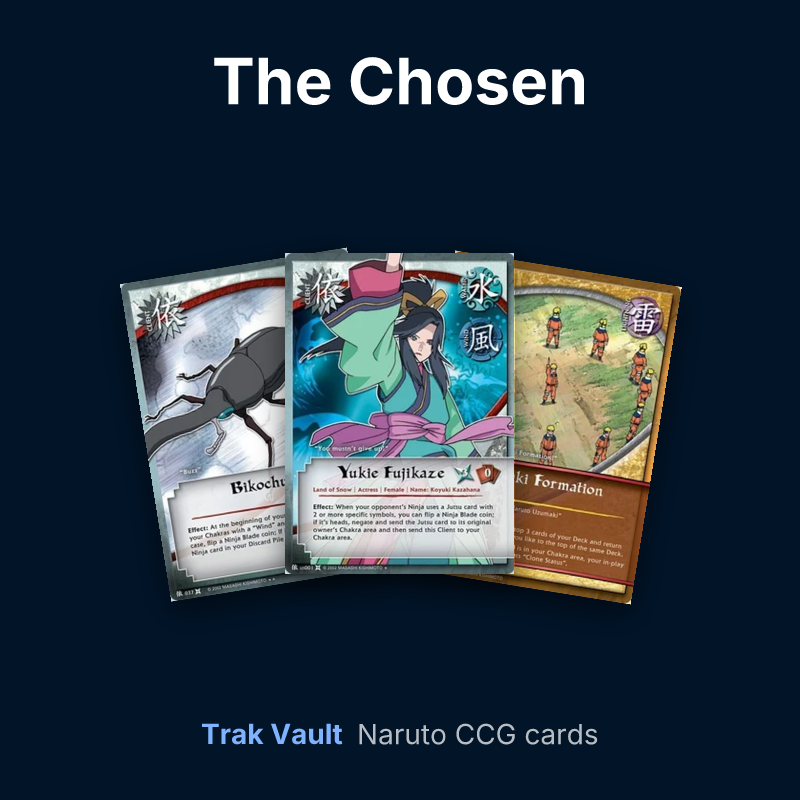 The Chosen Naruto cards: Bikochu, Yukie Fujikaze and Uzumaki Formation