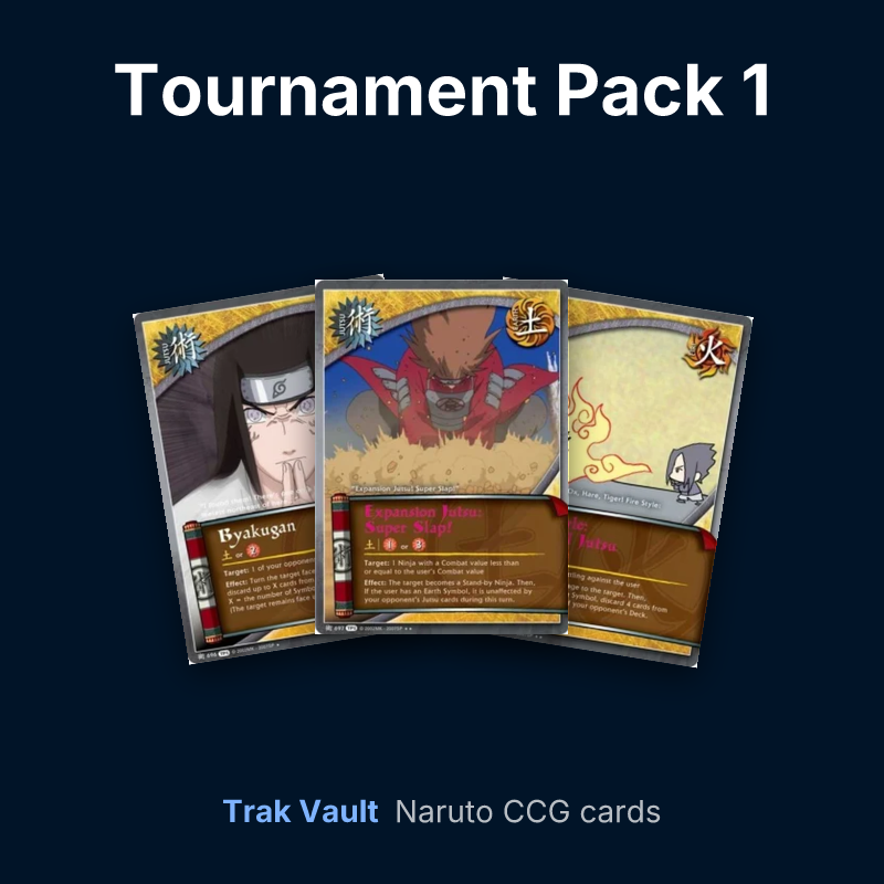 Tournament Pack 1 Naruto cards: Byakugan, Expansion Jutsu: Super Slap! and Fire Style: Fireball Jutsu