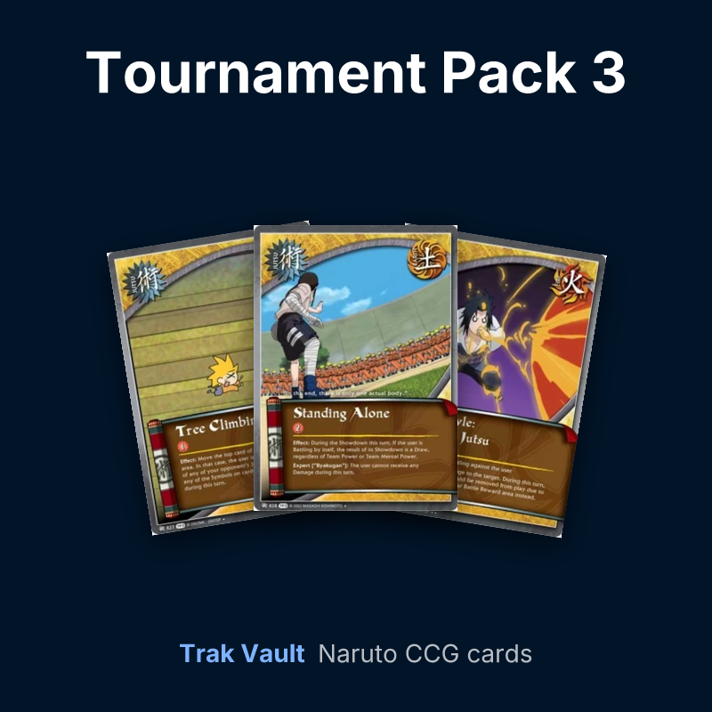 Tournament Pack 3 Naruto cards: Tree-Climbing Training, Standing Alone and Fire Style: Fireball Jutsu