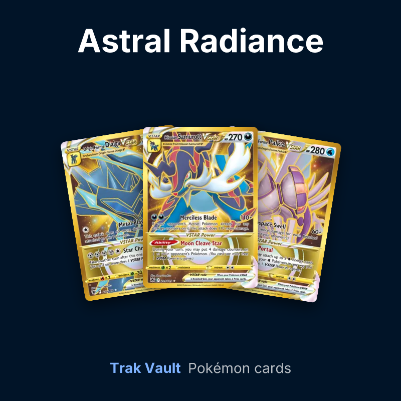 Astral Radiance Pokémon cards: Origin Forme Dialga VSTAR, Hisuian Samurott VSTAR and Origin Forme Palkia VSTAR