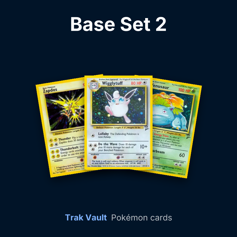 Base Set 2 Pokémon cards: Zapdos, Wigglytuff and Venusaur