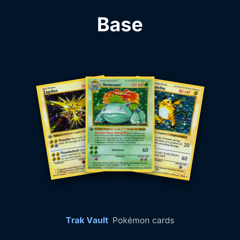 Base Pokémon cards: Zapdos, Venusaur and Raichu