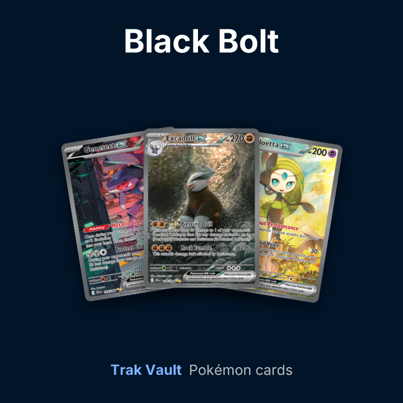 Black Bolt Pokémon cards: Genesect ex, Excadrill ex and Meloetta ex