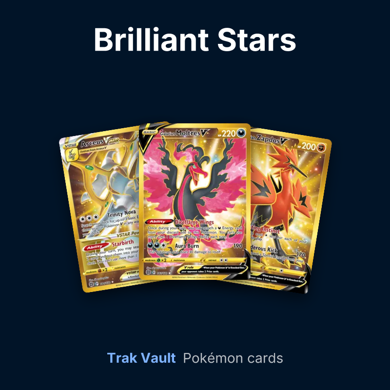 Brilliant Stars Pokémon cards: Arceus VSTAR, Galarian Moltres V and Galarian Zapdos V