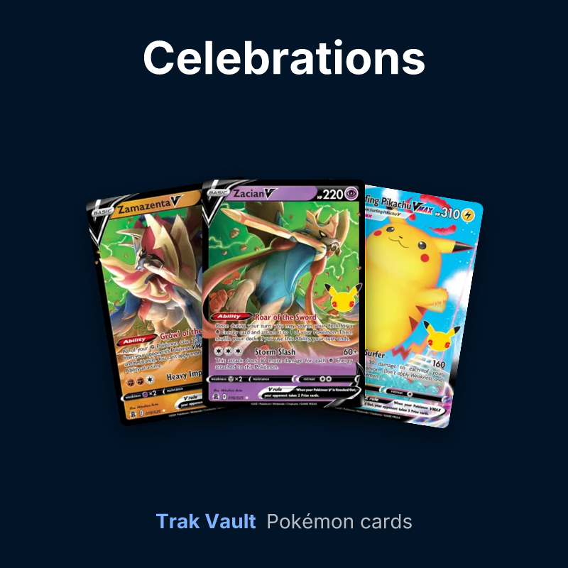 Celebrations Pokémon cards: Zamazenta V, Zacian V and Surfing Pikachu VMAX