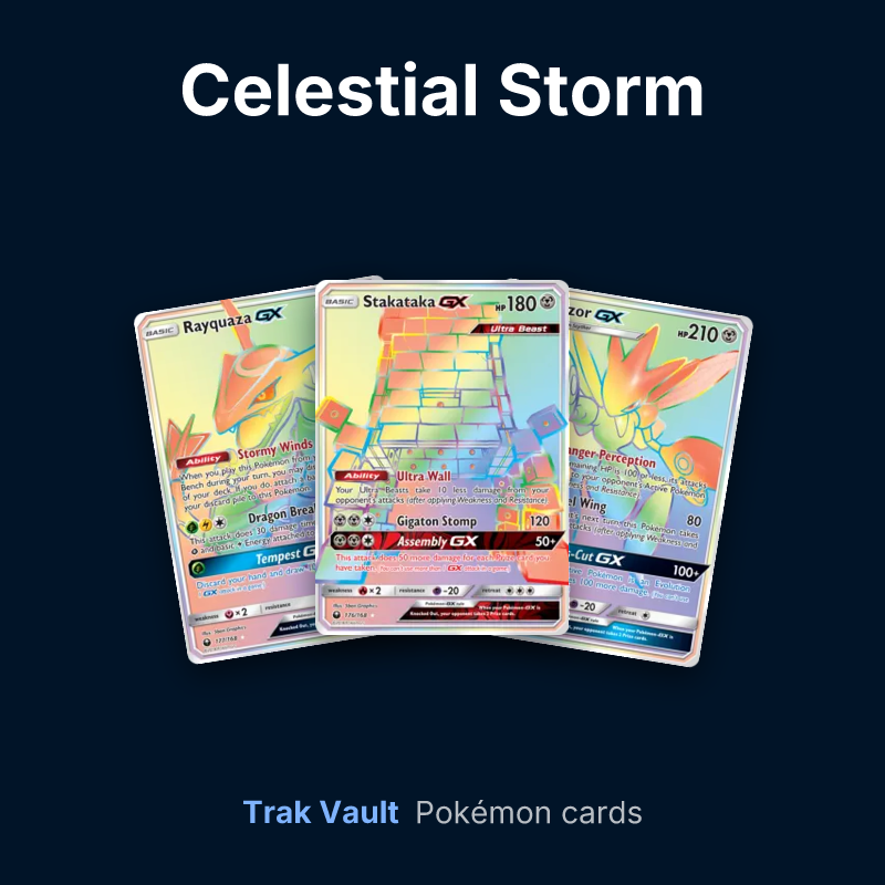 Celestial Storm Pokémon cards: Rayquaza-GX, Stakataka-GX and Scizor-GX