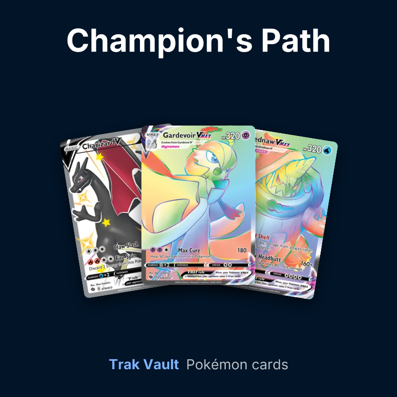Champion's Path Pokémon cards: Charizard V, Gardevoir VMAX and Drednaw VMAX