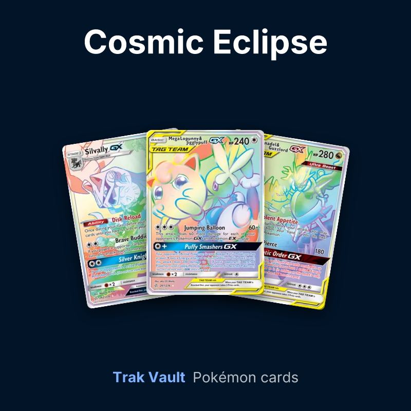 Cosmic Eclipse Pokémon cards: Silvally-GX, Mega Lopunny & Jigglypuff-GX and Naganadel & Guzzlord-GX