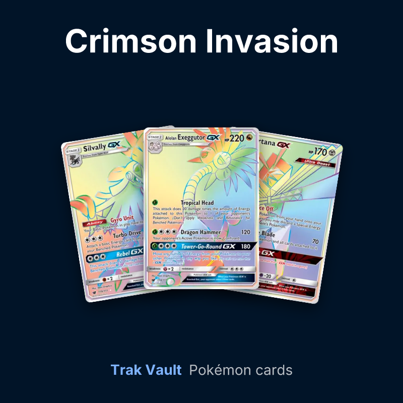 Crimson Invasion Pokémon cards: Silvally-GX, Alolan Exeggutor-GX and Kartana-GX