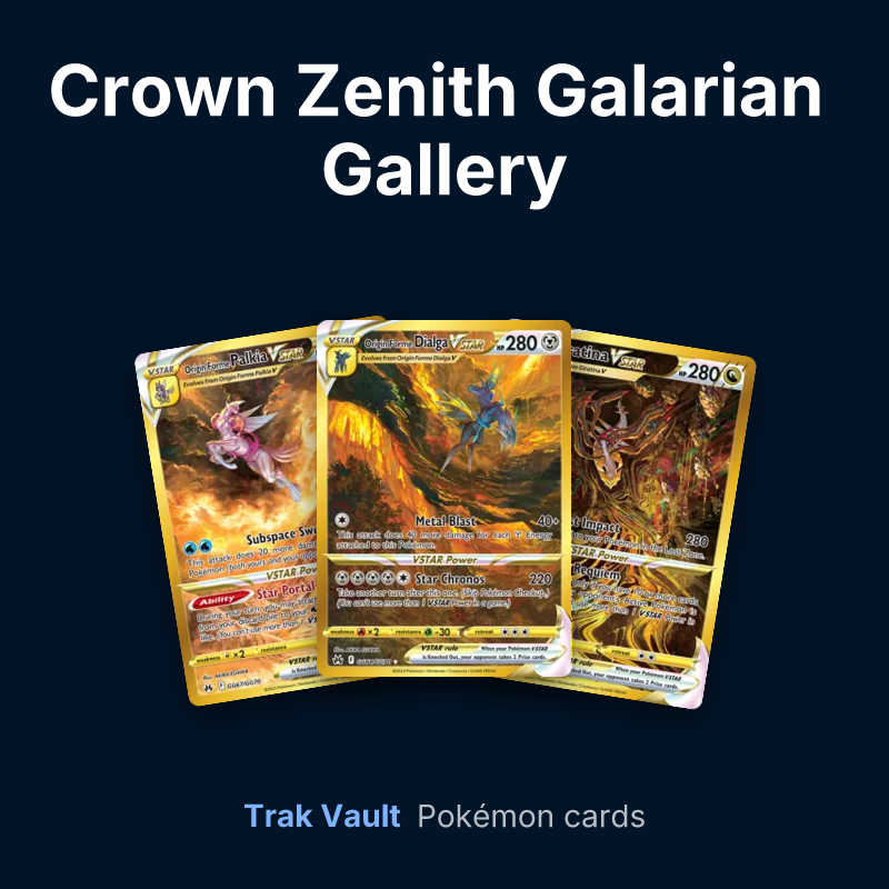 Crown Zenith Galarian Gallery Pokémon cards: Origin Forme Palkia VSTAR, Origin Forme Dialga VSTAR and Giratina VSTAR