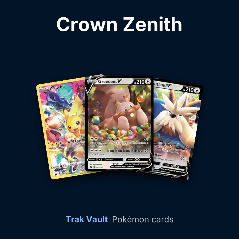 Crown Zenith Pokémon cards: Pikachu, Greedent V and Stoutland V
