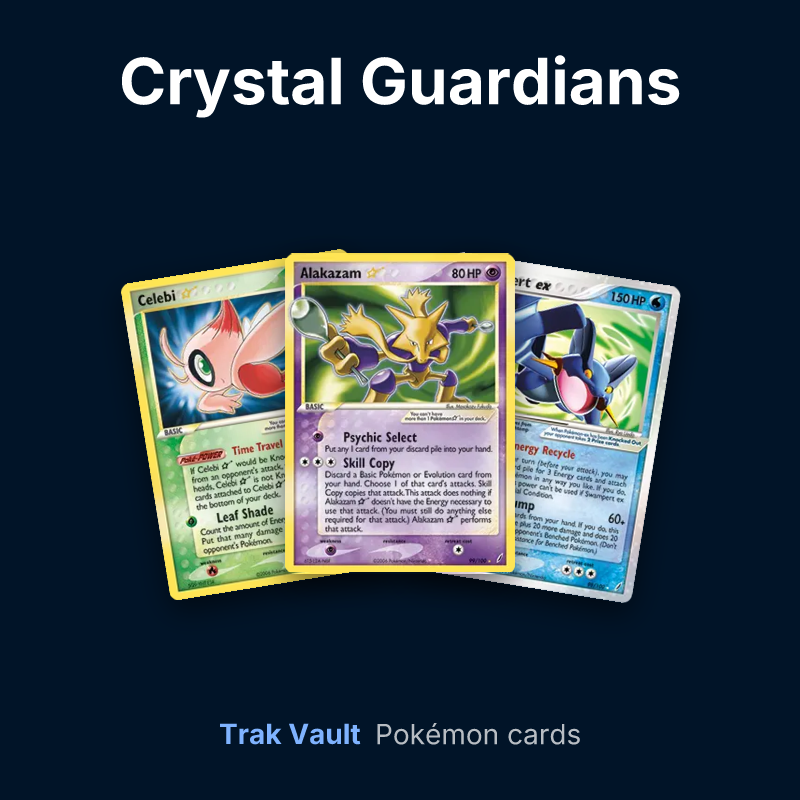 Crystal Guardians Pokémon cards: Celebi ★, Alakazam ★ and Swampert ex