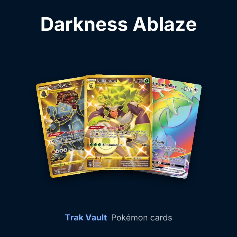 Darkness Ablaze Pokémon cards: Coalossal, Rillaboom and Salamence VMAX