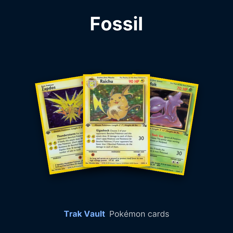 Fossil Pokémon cards: Zapdos, Raichu and Muk