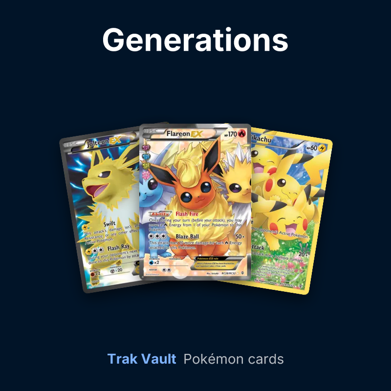 Generations Pokémon cards: Jolteon-EX, Flareon-EX and Pikachu