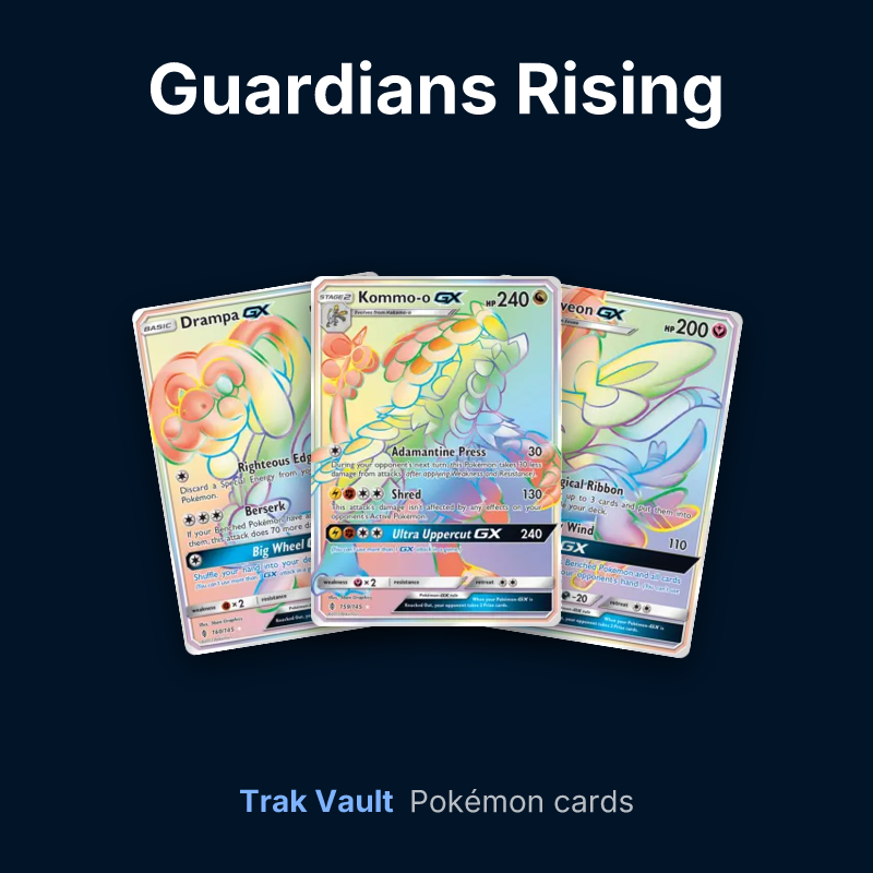 Guardians Rising Pokémon cards: Drampa-GX, Kommo-o-GX and Sylveon-GX