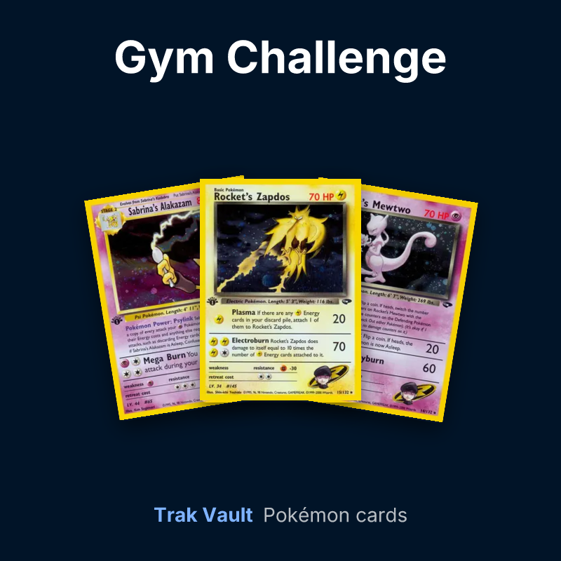 Gym Challenge Pokémon cards: Sabrina's Alakazam, Rocket's Zapdos and Rocket's Mewtwo