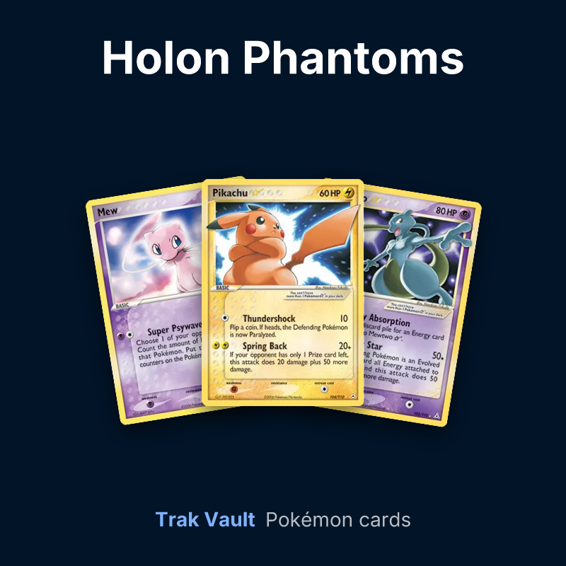 Holon Phantoms Pokémon cards: Mew, Pikachu ★ and Mewtwo ★