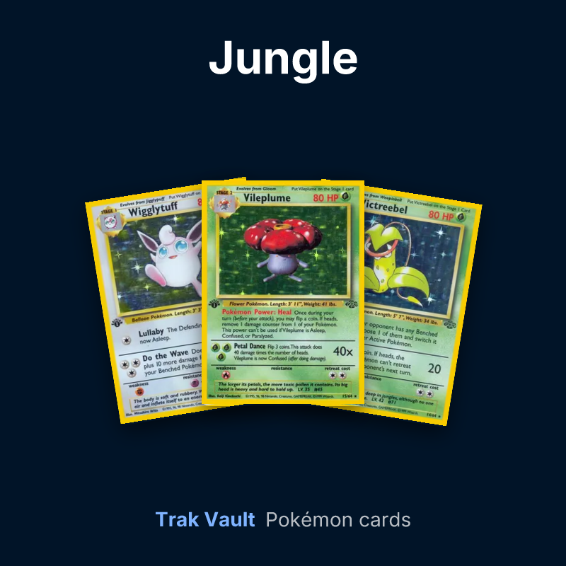 Jungle Pokémon cards: Wigglytuff, Vileplume and Victreebel