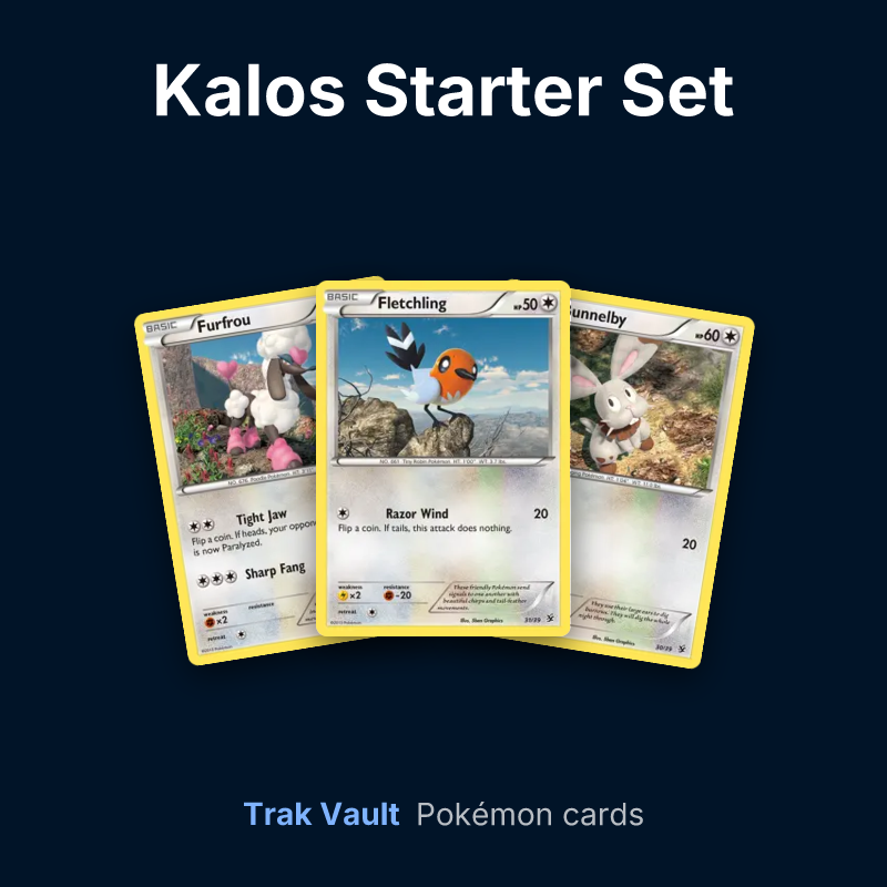 Kalos Starter Set Pokémon cards: Furfrou, Fletchling and Bunnelby