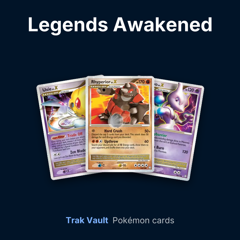 Legends Awakened Pokémon cards: Uxie LV.X, Rhyperior LV.X and Mewtwo LV.X
