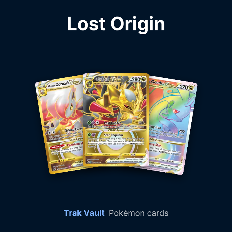 Lost Origin Pokémon cards: Hisuian Zoroark VSTAR, Giratina VSTAR and Hisuian Goodra VSTAR