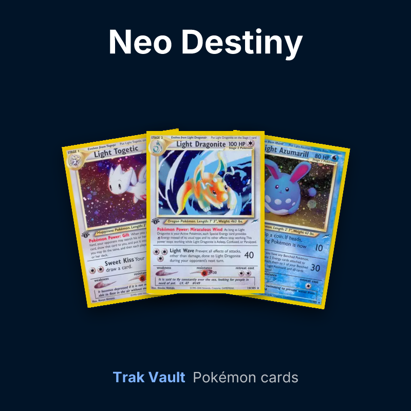 Neo Destiny Pokémon cards: Light Togetic, Light Dragonite and Light Azumarill