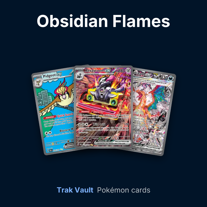 Obsidian Flames Pokémon cards: Pidgeot ex, Revavroom ex and Charizard ex