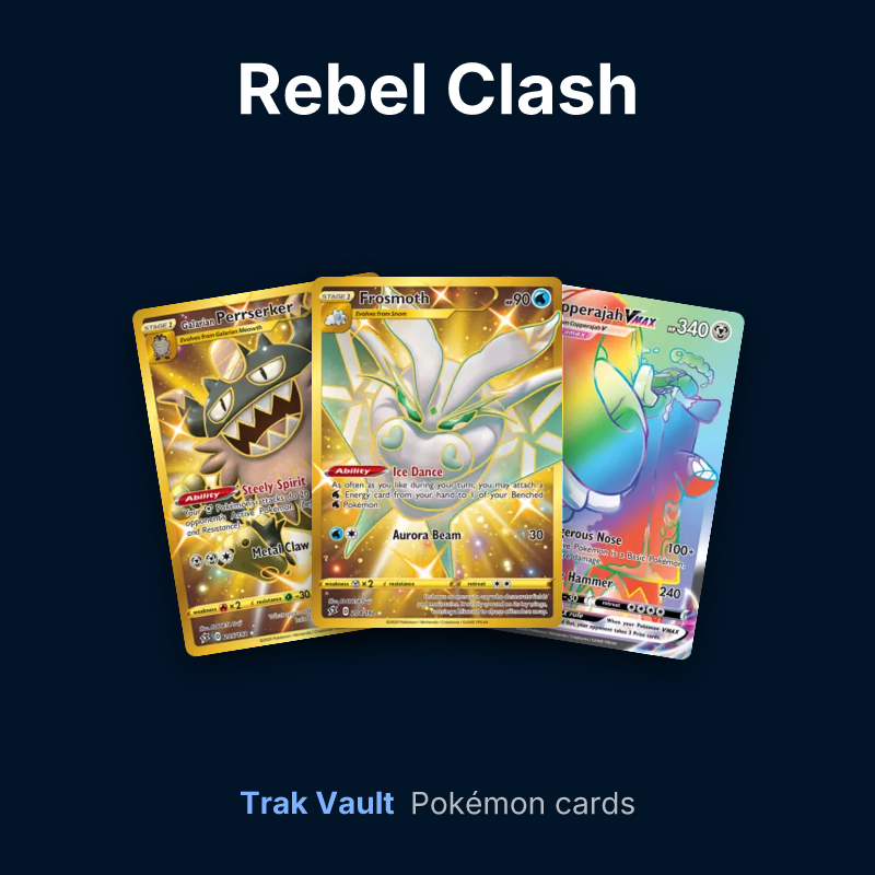 Rebel Clash Pokémon cards: Galarian Perrserker, Frosmoth and Copperajah VMAX