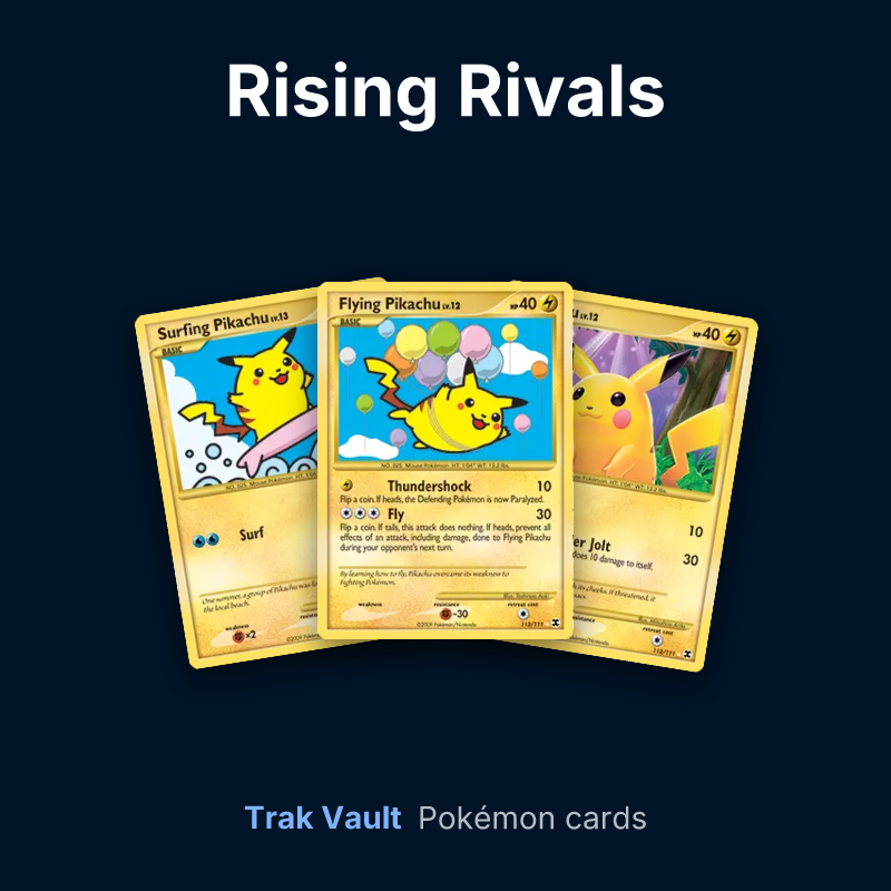 Rising Rivals Pokémon cards: Surfing Pikachu, Flying Pikachu and Pikachu