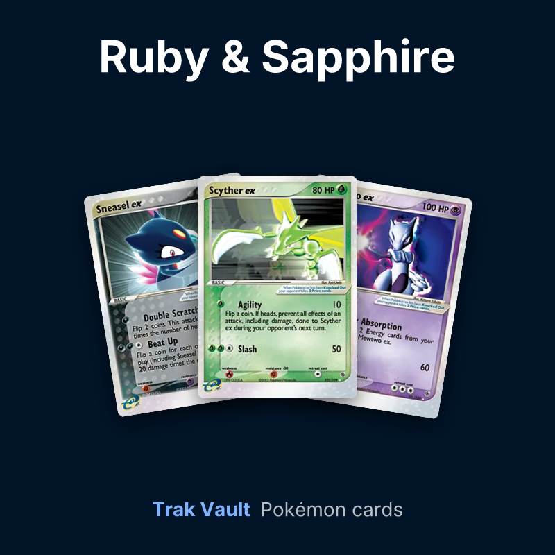 Ruby & Sapphire Pokémon cards: Sneasel ex, Scyther ex and Mewtwo ex