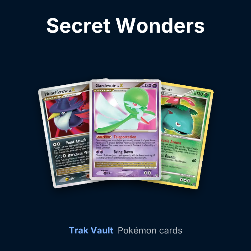 Secret Wonders Pokémon cards: Honchkrow LV.X, Gardevoir LV.X and Venusaur