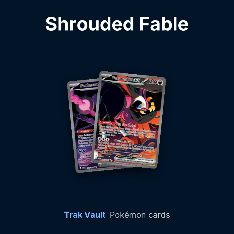 Shrouded Fable Pokémon cards: Pecharunt ex, Fezandipiti ex and Munkidori ex