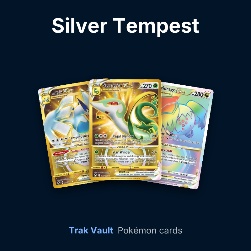Silver Tempest Pokémon cards: Lugia VSTAR, Serperior VSTAR and Regidrago VSTAR