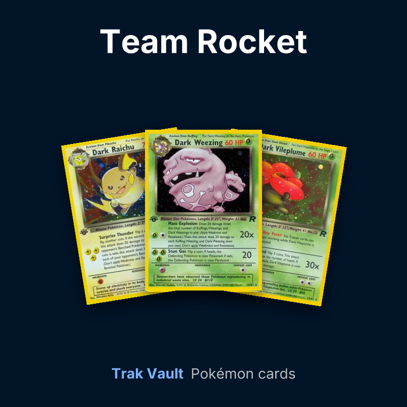 Team Rocket Pokémon cards: Dark Raichu, Dark Weezing and Dark Vileplume