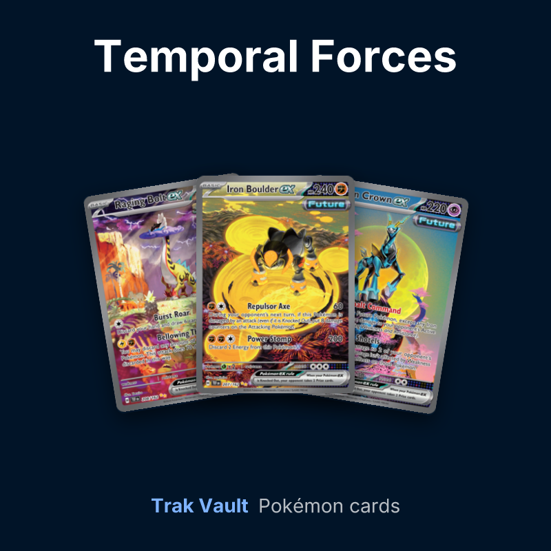 Temporal Forces Pokémon cards: Raging Bolt ex, Iron Boulder ex and Iron Crown ex