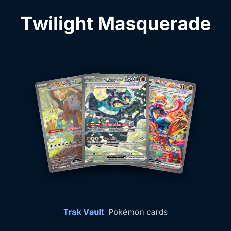 Twilight Masquerade Pokémon cards: Bloodmoon Ursaluna ex, Cornerstone Mask Ogerpon ex and Greninja ex