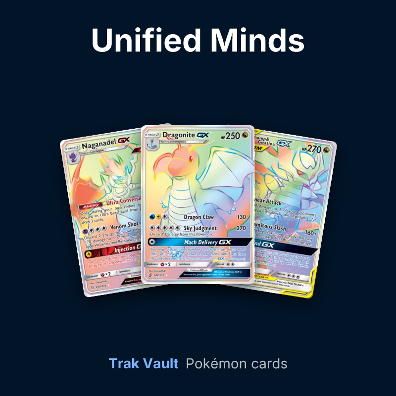 Unified Minds Pokémon cards: Naganadel-GX, Dragonite-GX and Garchomp & Giratina-GX