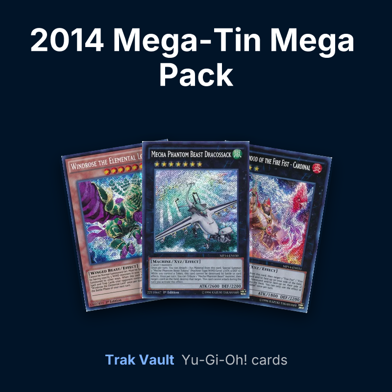 2014 Mega-Tin Mega Pack Yu-Gi-Oh! cards: Windrose the Elemental Lord, Mecha Phantom Beast Dracossack and Brotherhood of the Fire Fist - Cardinal