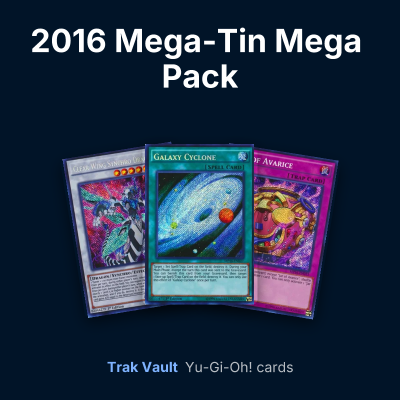2016 Mega-Tin Mega Pack Yu-Gi-Oh! cards: Clear Wing Synchro Dragon, Galaxy Cyclone and Jar of Avarice