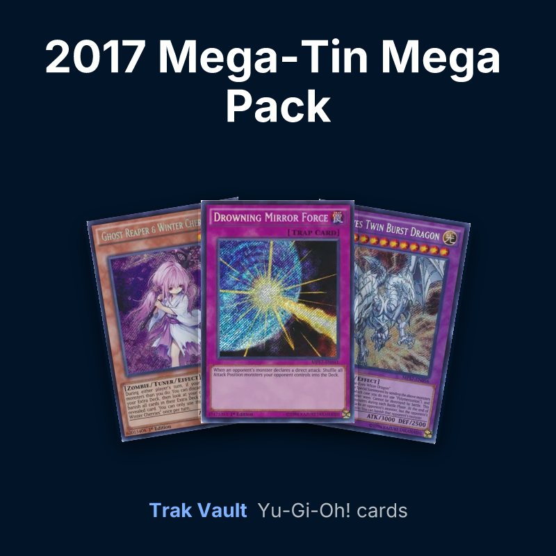 2017 Mega-Tin Mega Pack Yu-Gi-Oh! cards: Ghost Reaper & Winter Cherries, Drowning Mirror Force and Blue-Eyes Twin Burst Dragon